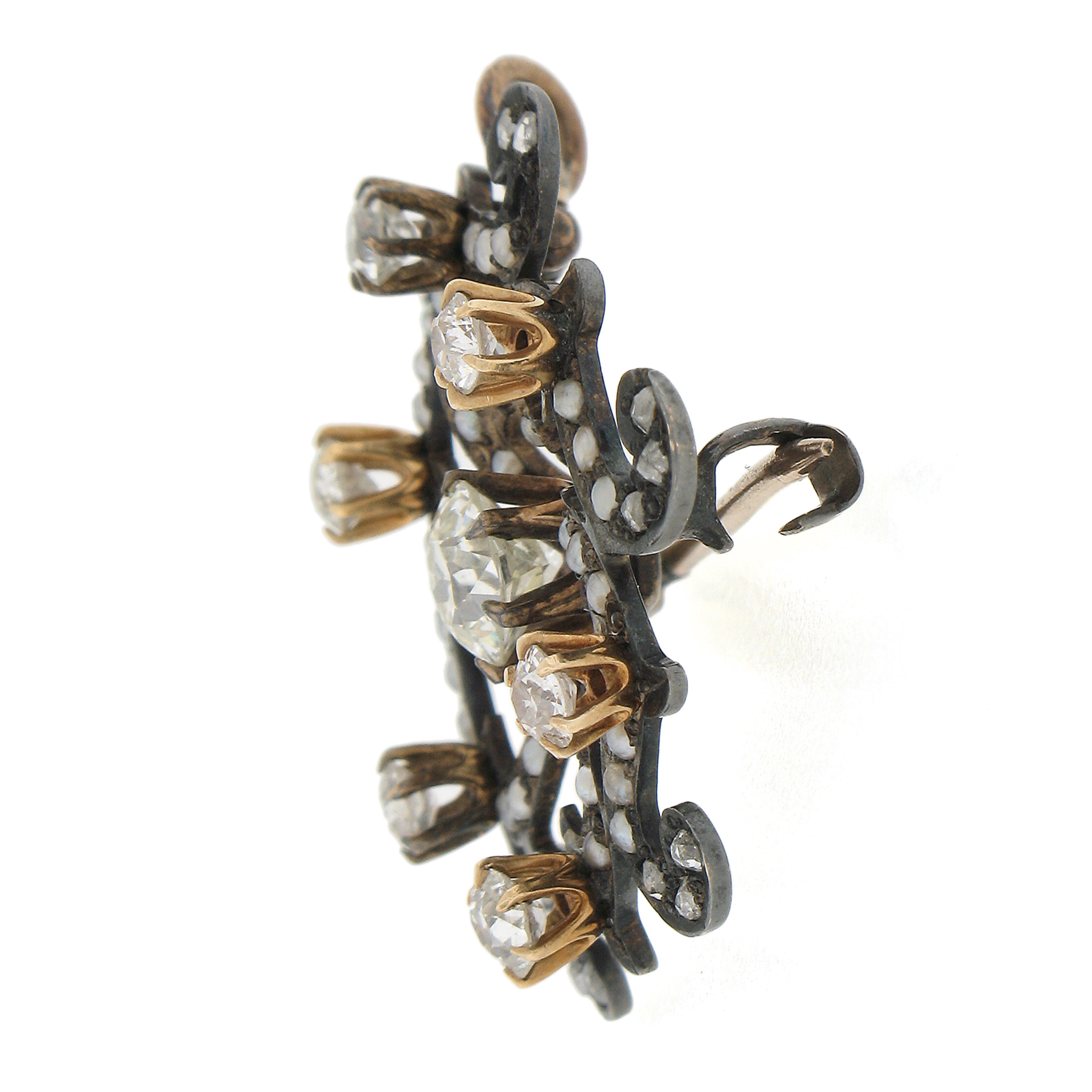 Women's Antique Victorian 10k Gold 1.22ctw Diamond & Seed Pearl Flower Brooch Pendant For Sale