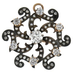 Pendentif broche fleur victorien ancien en or 10 carats avec diamants 1,22 carat poids total et perles naturelles