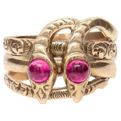 Anello vittoriano d'epoca con doppio serpente, in oro 10K e rubino cabochon