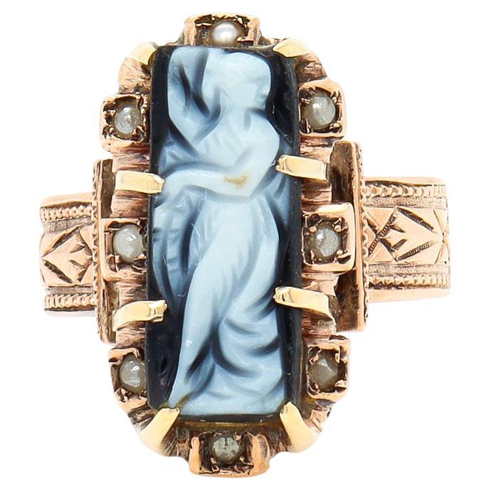 Antiker viktorianischer 10K Gold, & Schwarzer Achat oder Onyx Kamee Ring im Angebot