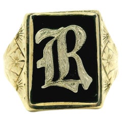 Antique Victorian 10k Gold Black Onyx Hand Engraved Floral Initial "R" Ring Antique Victorian 10k Gold Black Onyx Hand Engraved Floral Initial "R" Ring