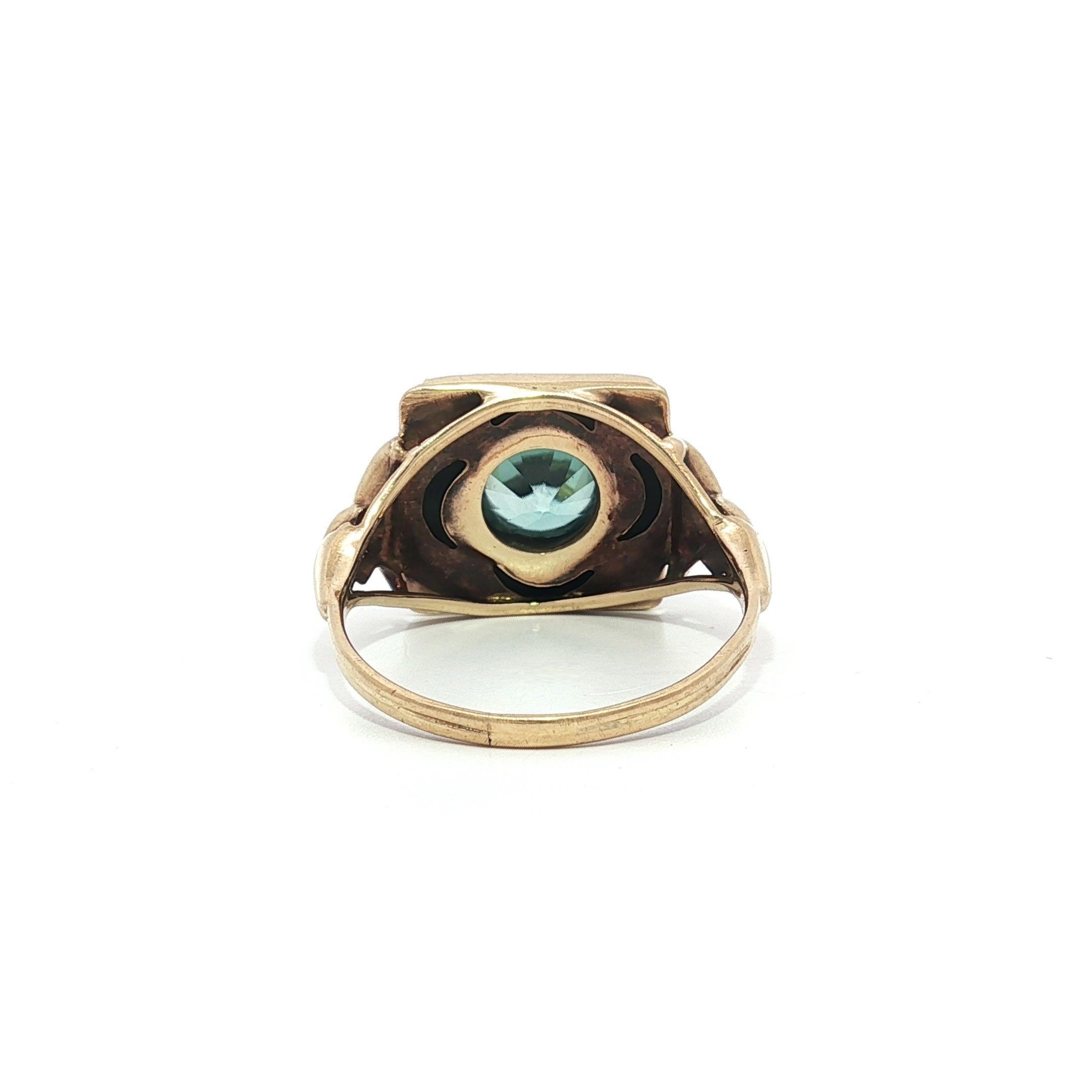 Bague victorienne ancienne en or 10k Onyx noir avec centre en zircon bleu, plateau carré Bon état - En vente à Montclair, NJ