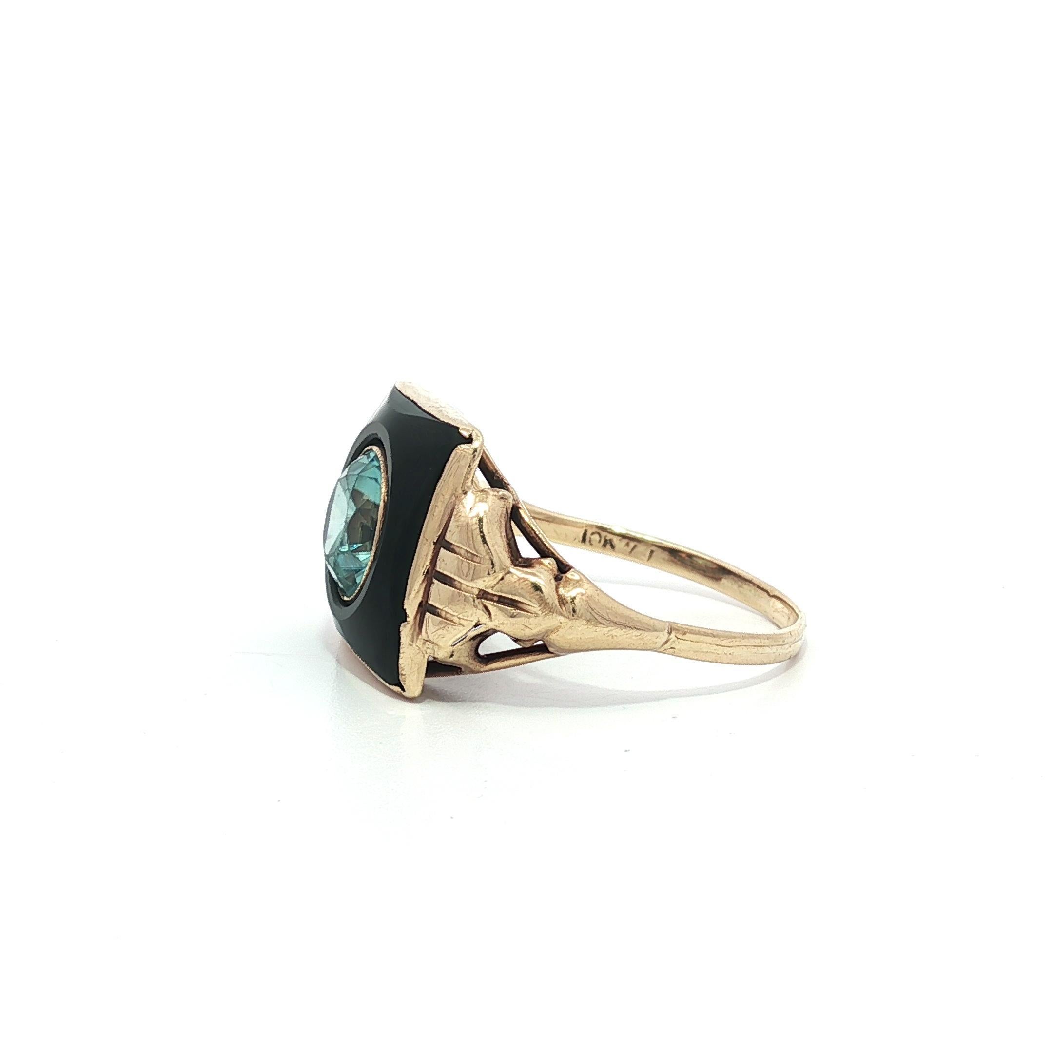 Bague victorienne ancienne en or 10k Onyx noir avec centre en zircon bleu, plateau carré Pour femmes en vente