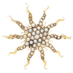 Antiguo broche victoriano de oro de 10 quilates, diamantes y perlas semilla Sol / Starburst