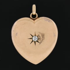 Antique Victorian 10k Gold Engraved 2 Picture Heart Locket Pendant w/ Diamond