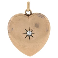 Antique Victorian 10k Gold Engraved 2 Picture Heart Locket Pendant w/ Diamond