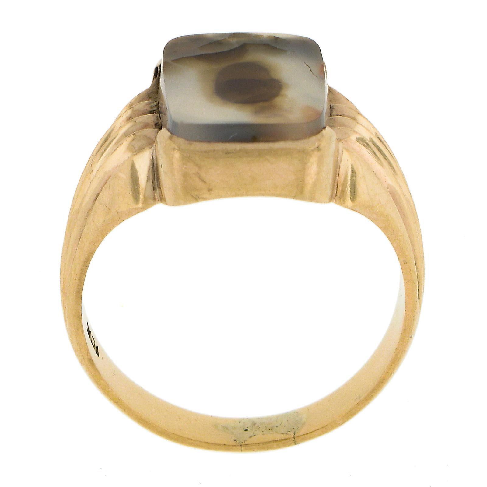 Antique Victorian 10k Gold Rectangular Channel Moss Agate Solitaire Grooved Ring For Sale 3