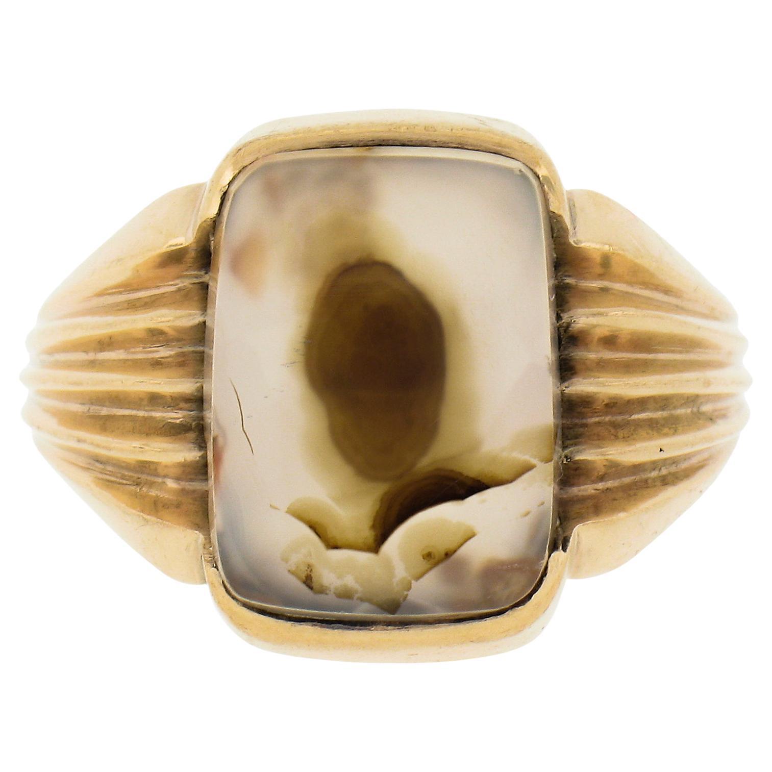 Antique Victorian 10k Gold Rectangular Channel Moss Agate Solitaire Grooved Ring For Sale