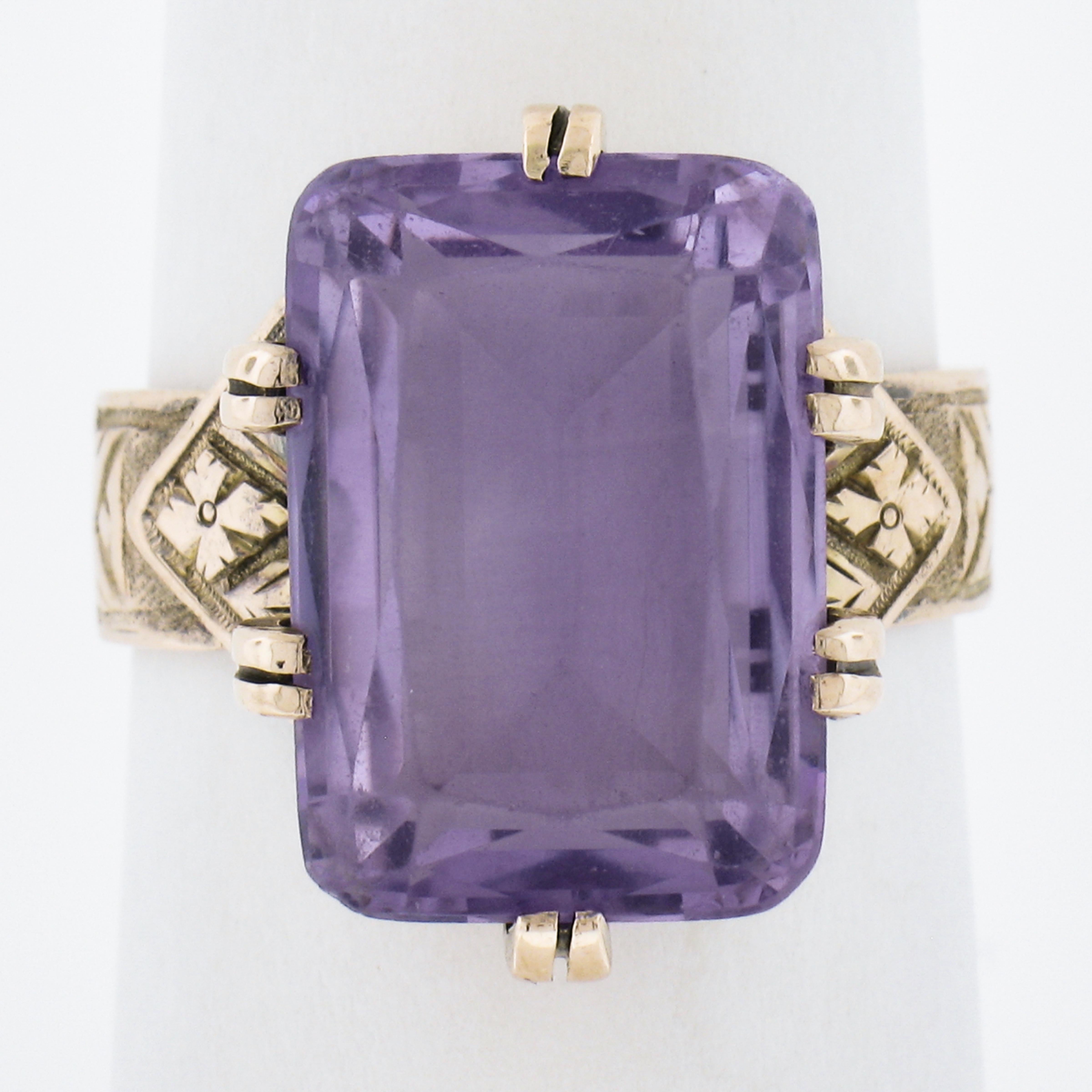 --Stone(s):--
(1) Natural Genuine Amethyst - Rectangular Cut - 6 Dual Prong Set - Medium Purple Color - 15.6x11mm (approx.)
Total Carat Weight:	7.50 (approx.)

Material: Solid 10K Rosy Yellow Gold
Weight: 6.44 Grams
Ring Size: 7.0 (Fitted on a
