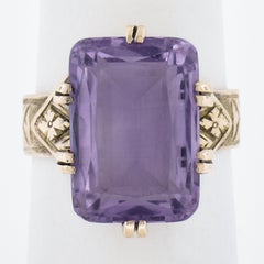 Antique Victorian 10K Gold Rectangular Cut Amethyst Solitaire Engraved Ring