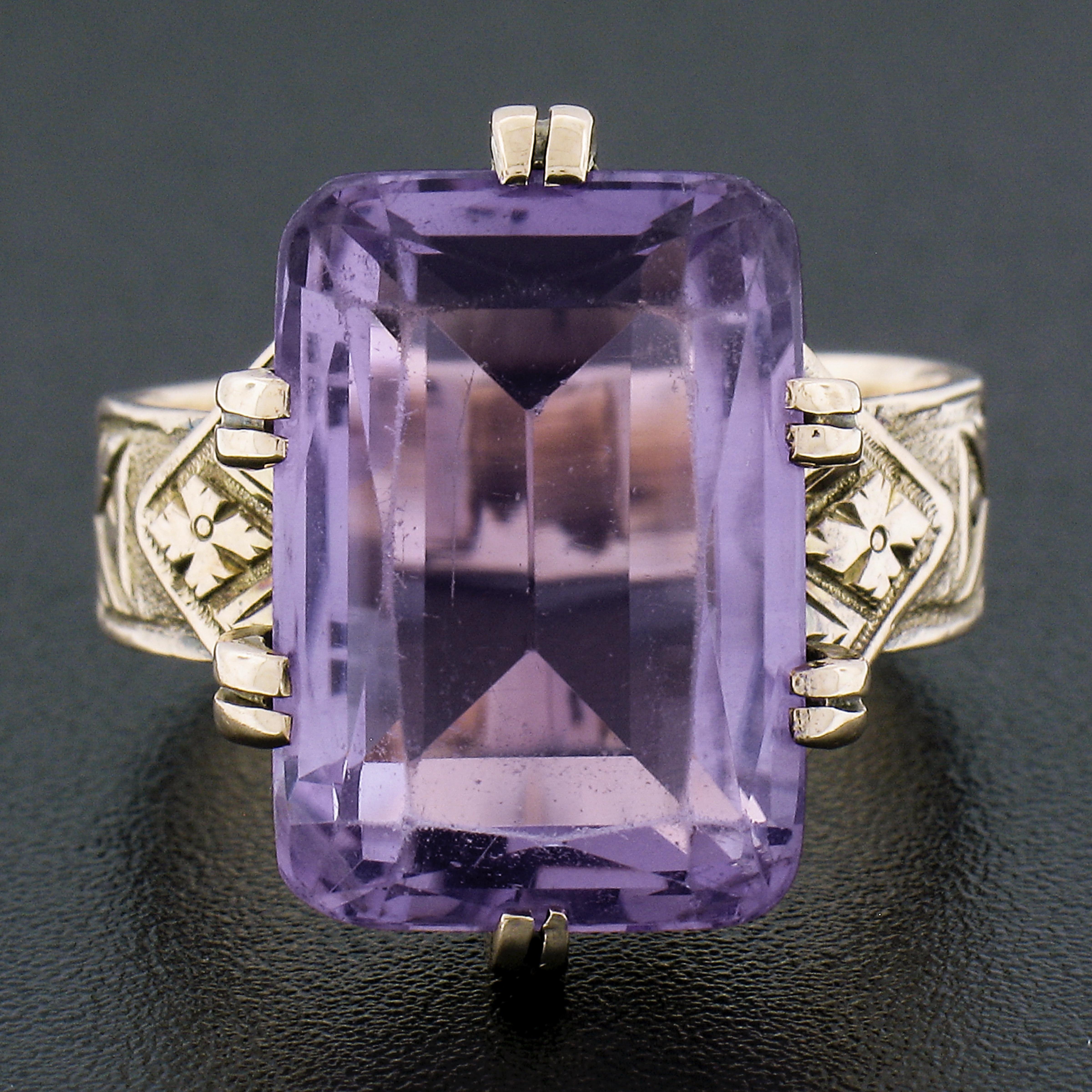Emerald Cut Antique Victorian 10K Gold Rectangular Cut Amethyst Solitaire Engraved Ring For Sale