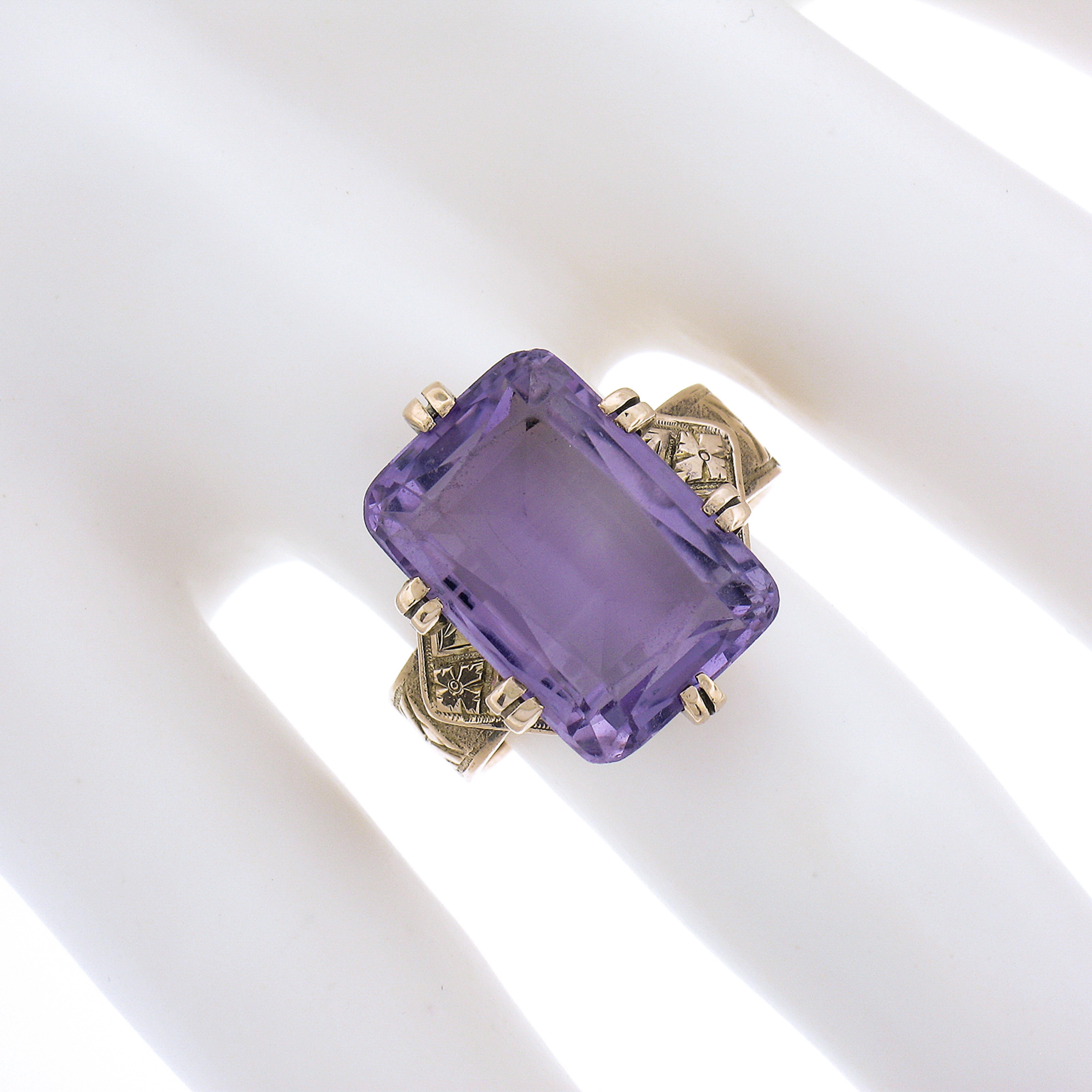 Antique Victorian 10K Gold Rectangular Cut Amethyst Solitaire Engraved Ring In Excellent Condition For Sale In Montclair, NJ
