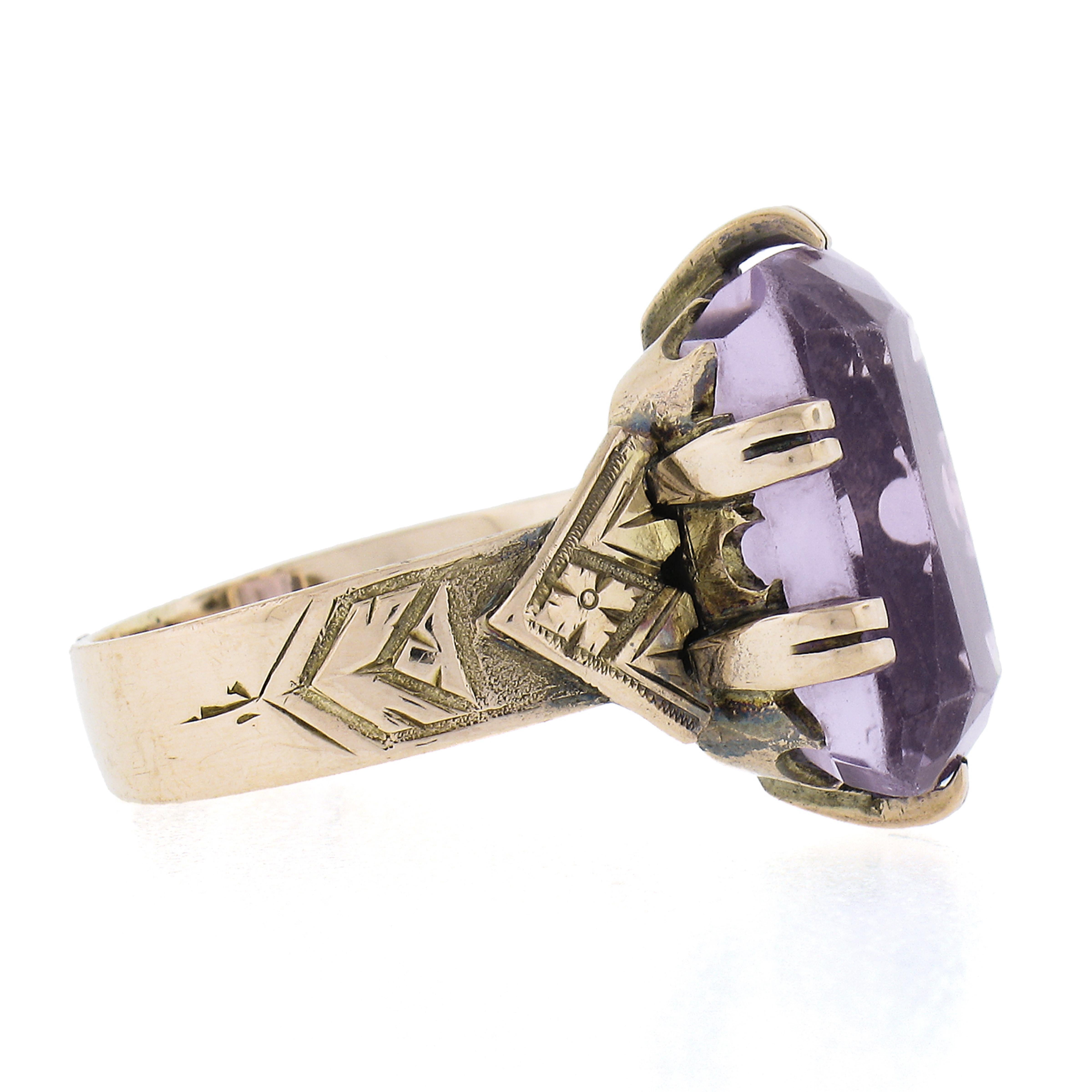 Women's Antique Victorian 10K Gold Rectangular Cut Amethyst Solitaire Engraved Ring For Sale