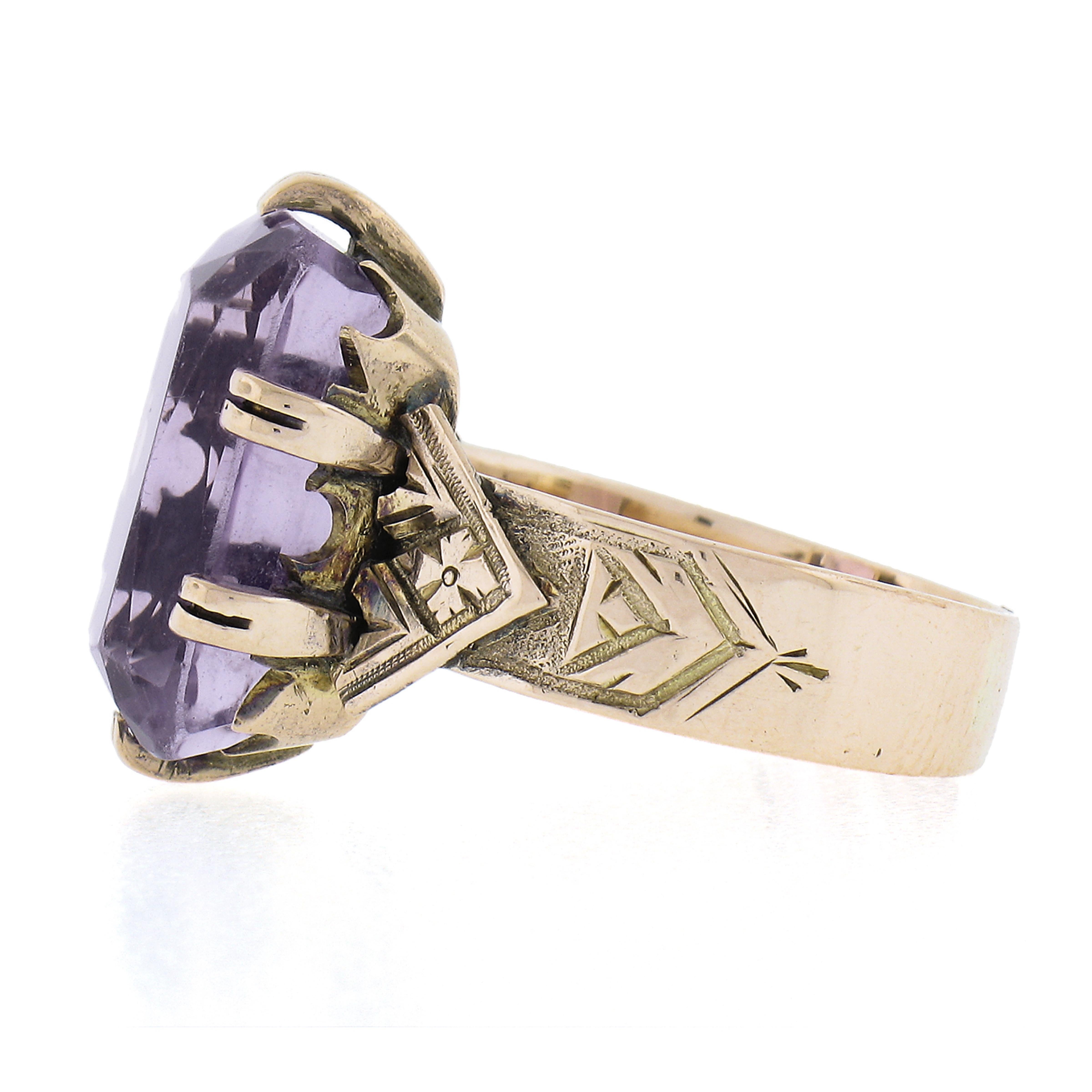 Antique Victorian 10K Gold Rectangular Cut Amethyst Solitaire Engraved Ring For Sale 1