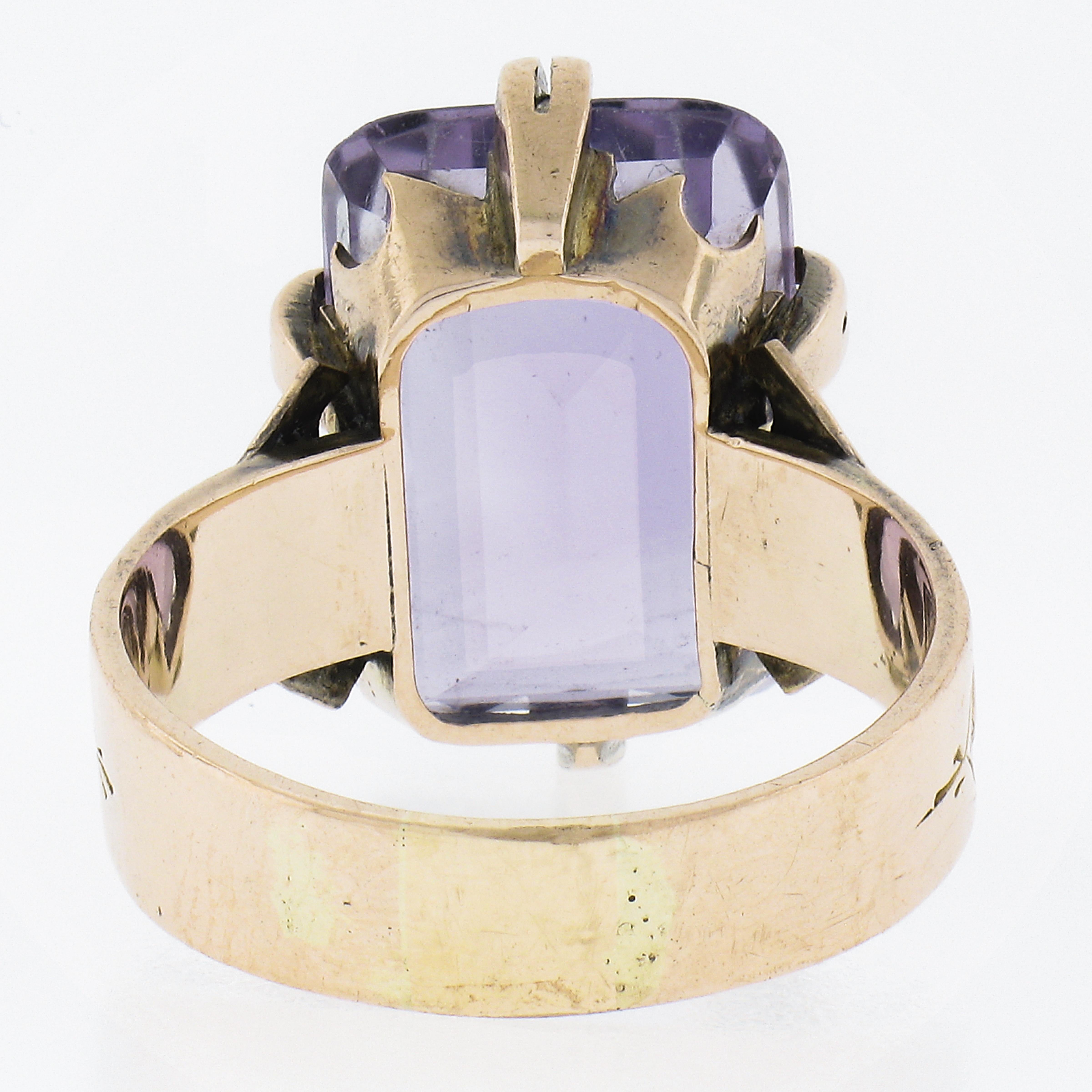 Antique Victorian 10K Gold Rectangular Cut Amethyst Solitaire Engraved Ring For Sale 2