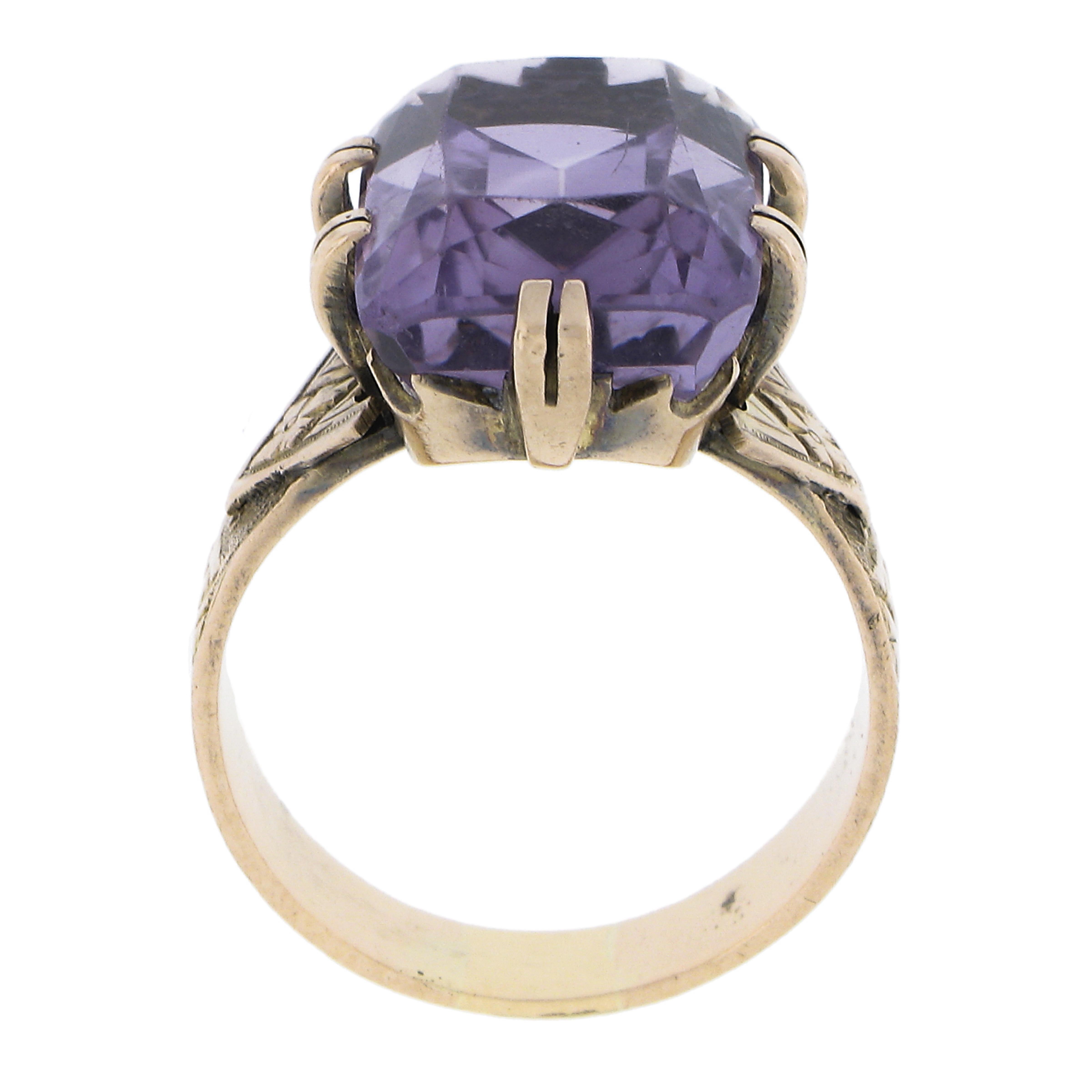 Antique Victorian 10K Gold Rectangular Cut Amethyst Solitaire Engraved Ring For Sale 3
