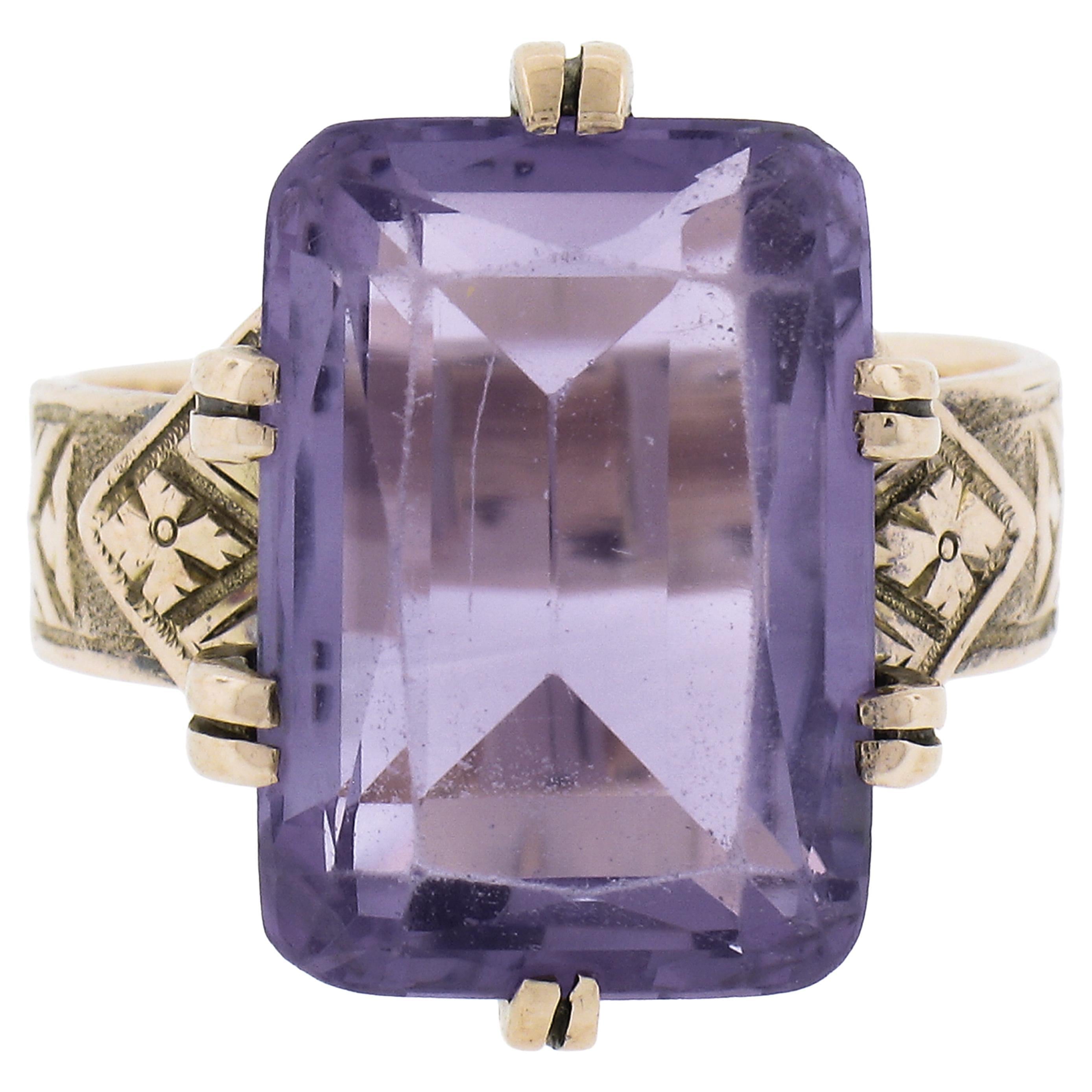 Antique Victorian 10K Gold Rectangular Cut Amethyst Solitaire Engraved Ring For Sale
