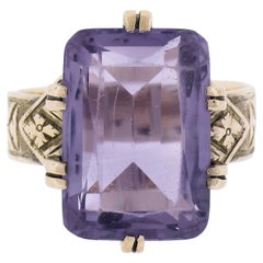 Antique Victorian 10K Gold Rectangular Cut Amethyst Solitaire Engraved Ring