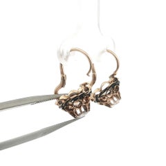 Antique Victorian 10k Gold Rose Cut Diamond Black Enamel Sleeper Hook Earrings