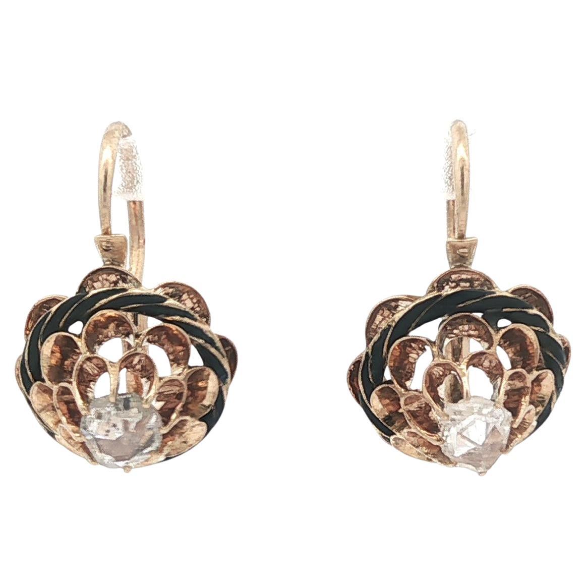 Antique Victorian 10k Gold Rose Cut Diamond Black Enamel Sleeper Hook Earrings
