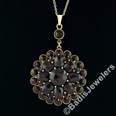 Antique Victorian 10k Gold Rose Cut Red Garnet Milgrain Flower Pendant Necklace