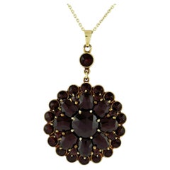 Antique Victorian 10k Gold Rose Cut Red Garnet Milgrain Flower Pendant Necklace