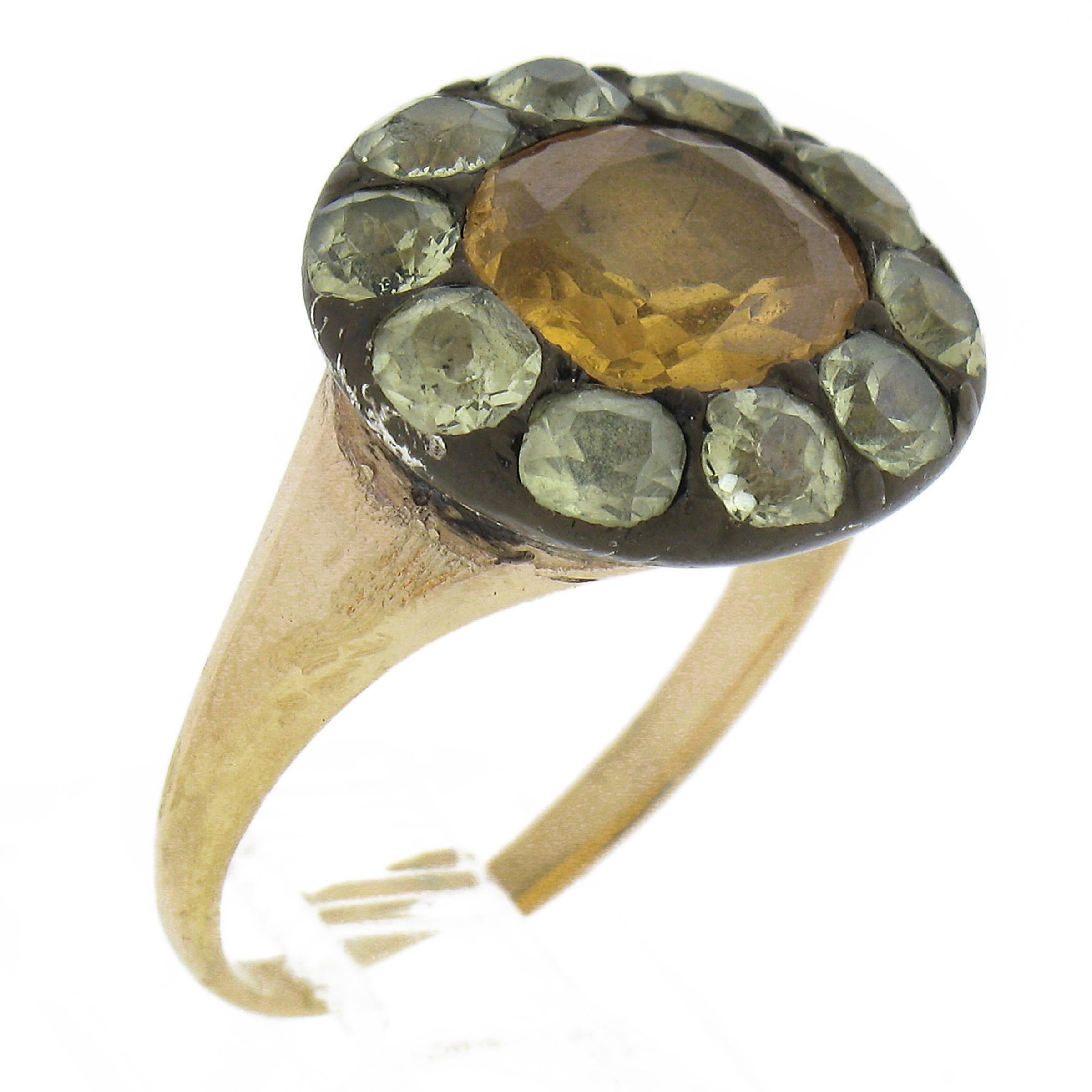 Antique Victorian 10k Gold & Silver GIA Yellow Imperial Topaz w/ Paste Halo Ring For Sale 1