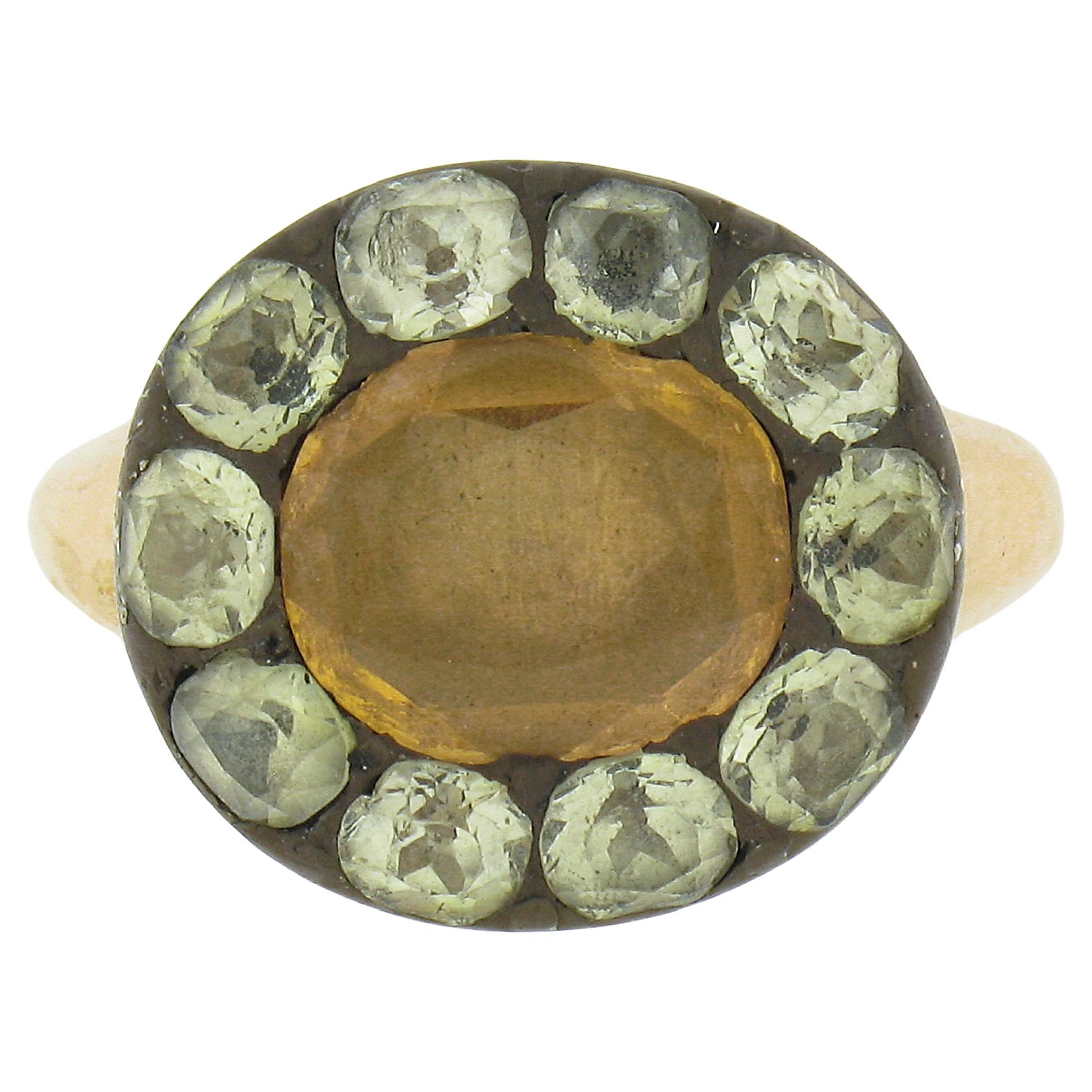 Antique Victorian 10k Gold & Silver GIA Yellow Imperial Topaz w/ Paste Halo Ring For Sale