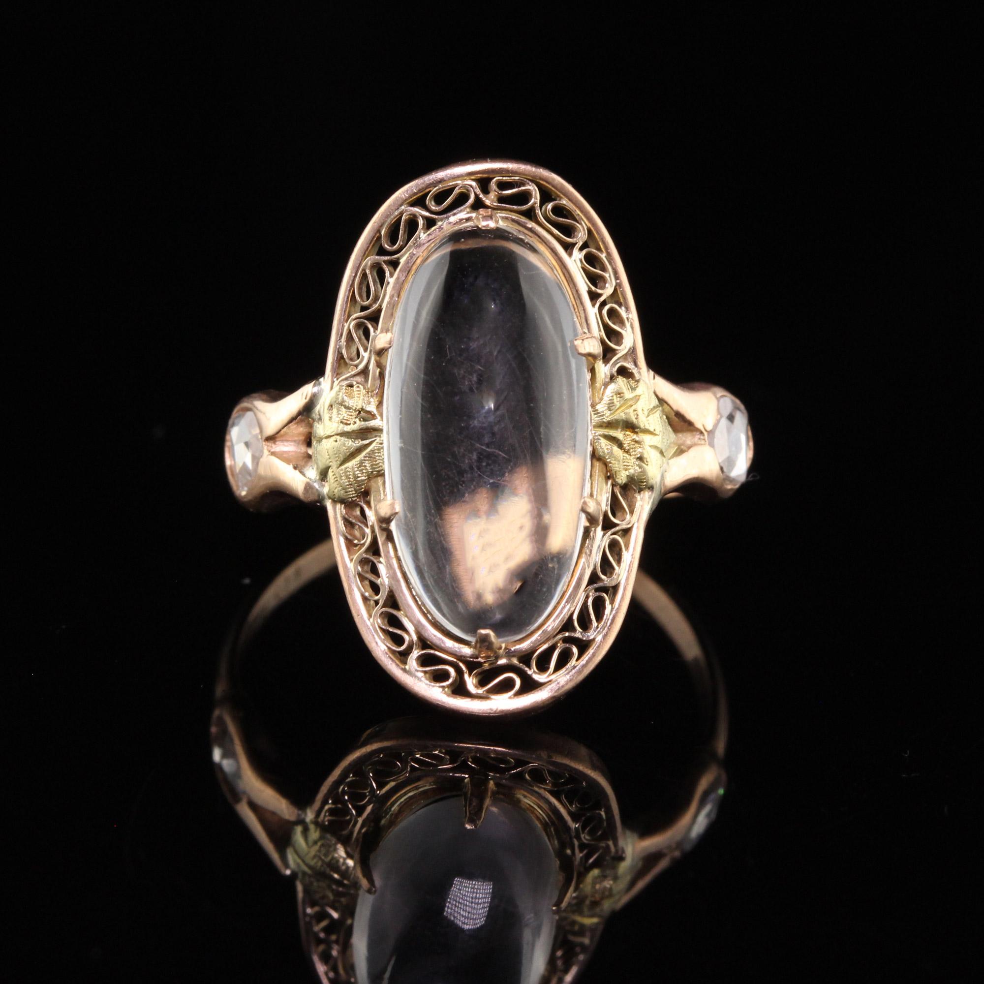 Antique Victorian 10K Rose Gold and Yellow Gold Moonstone Rose Cut Diamond Ring In Good Condition For Sale In Great Neck, NY