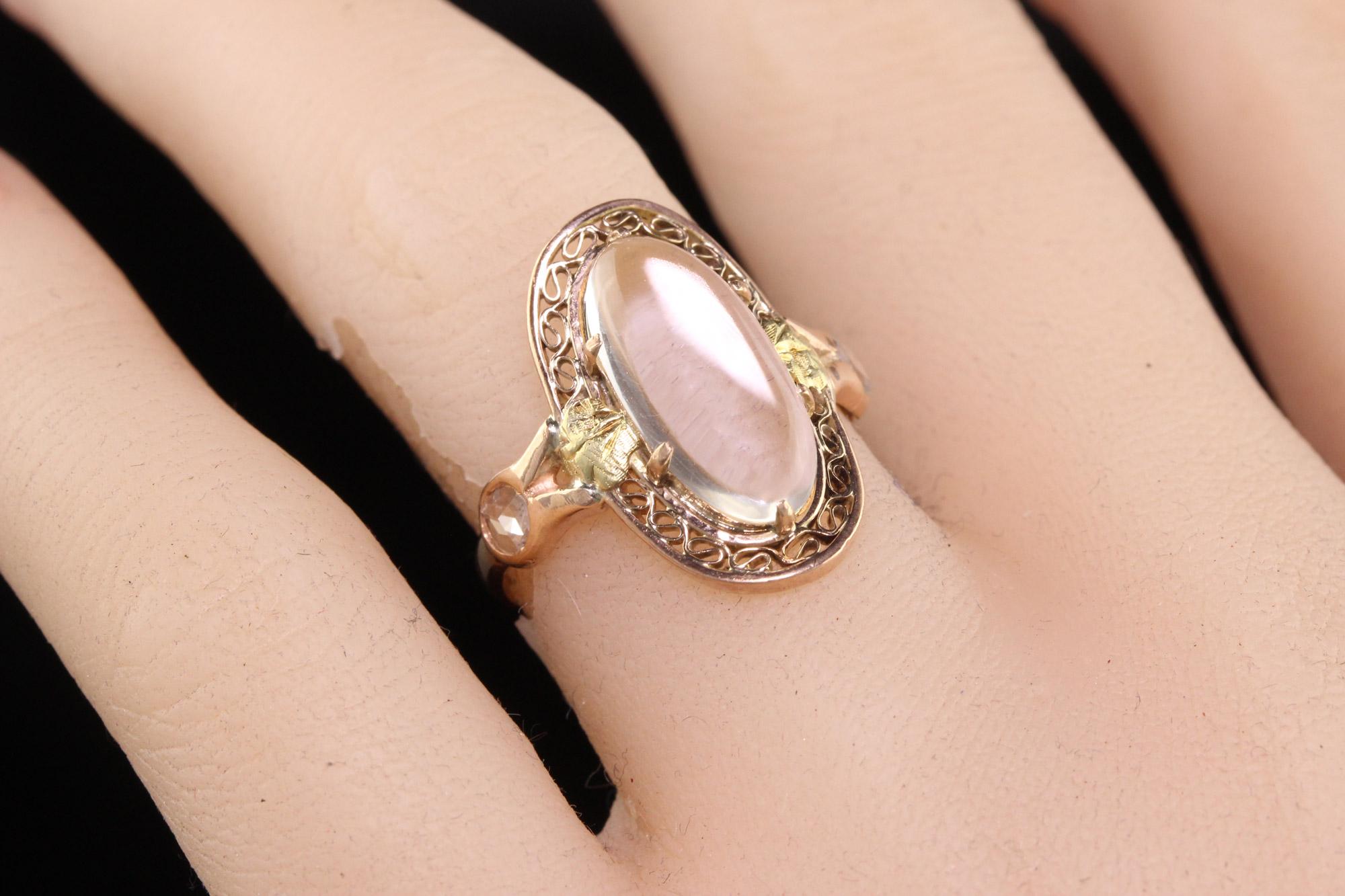 Antique Victorian 10K Rose Gold and Yellow Gold Moonstone Rose Cut Diamond Ring For Sale 2