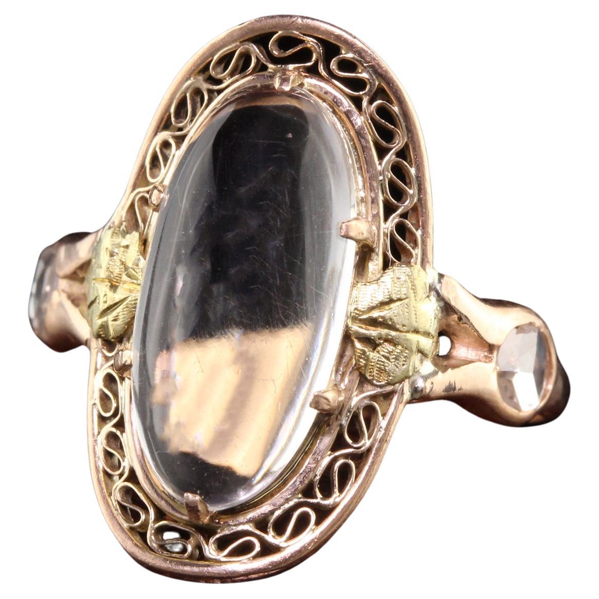 Antique Victorian 10K Rose Gold and Yellow Gold Moonstone Rose Cut Diamond Ring For Sale