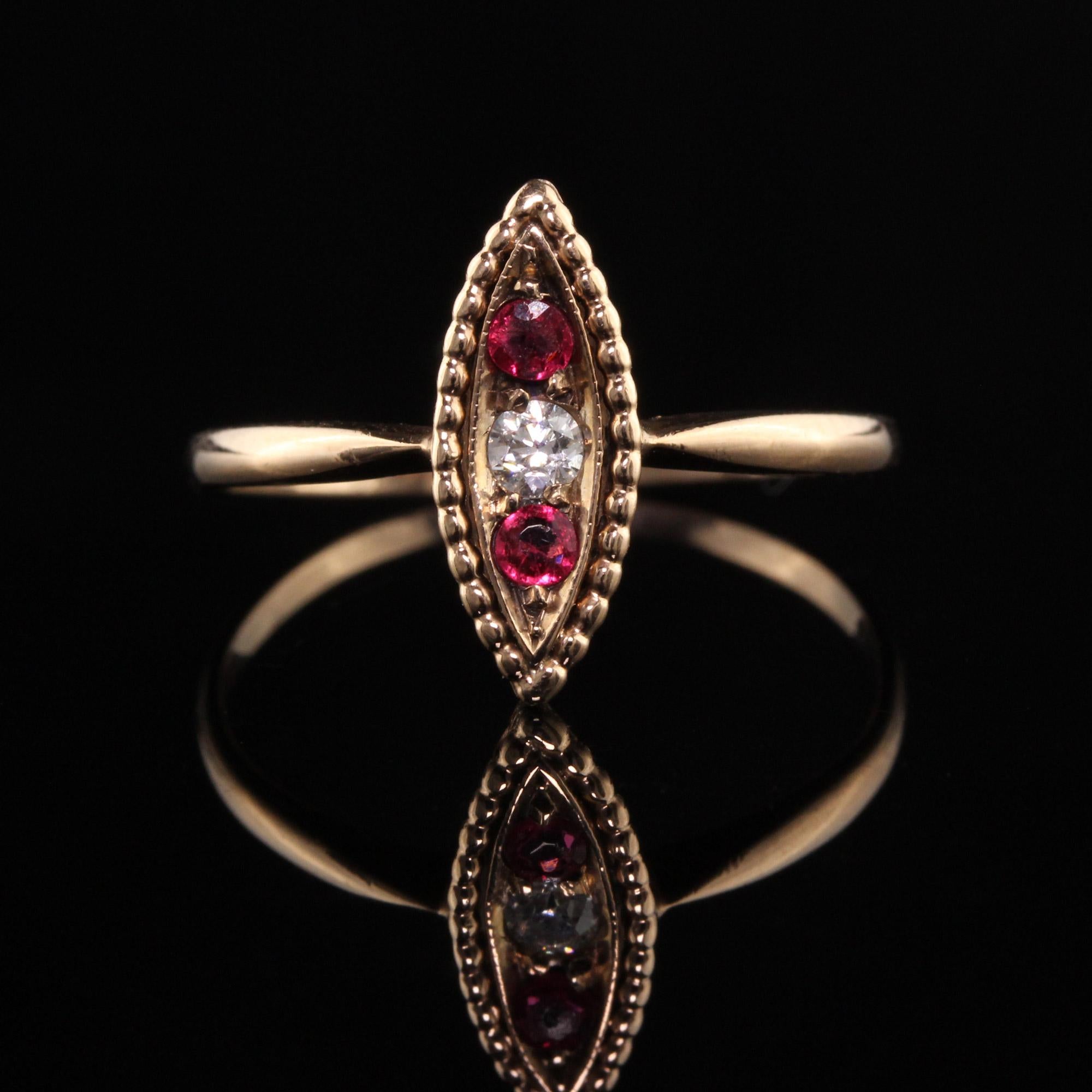 Antique Victorian 10K Rose Gold Diamond and Ruby Navette Ring In Good Condition For Sale In Great Neck, NY