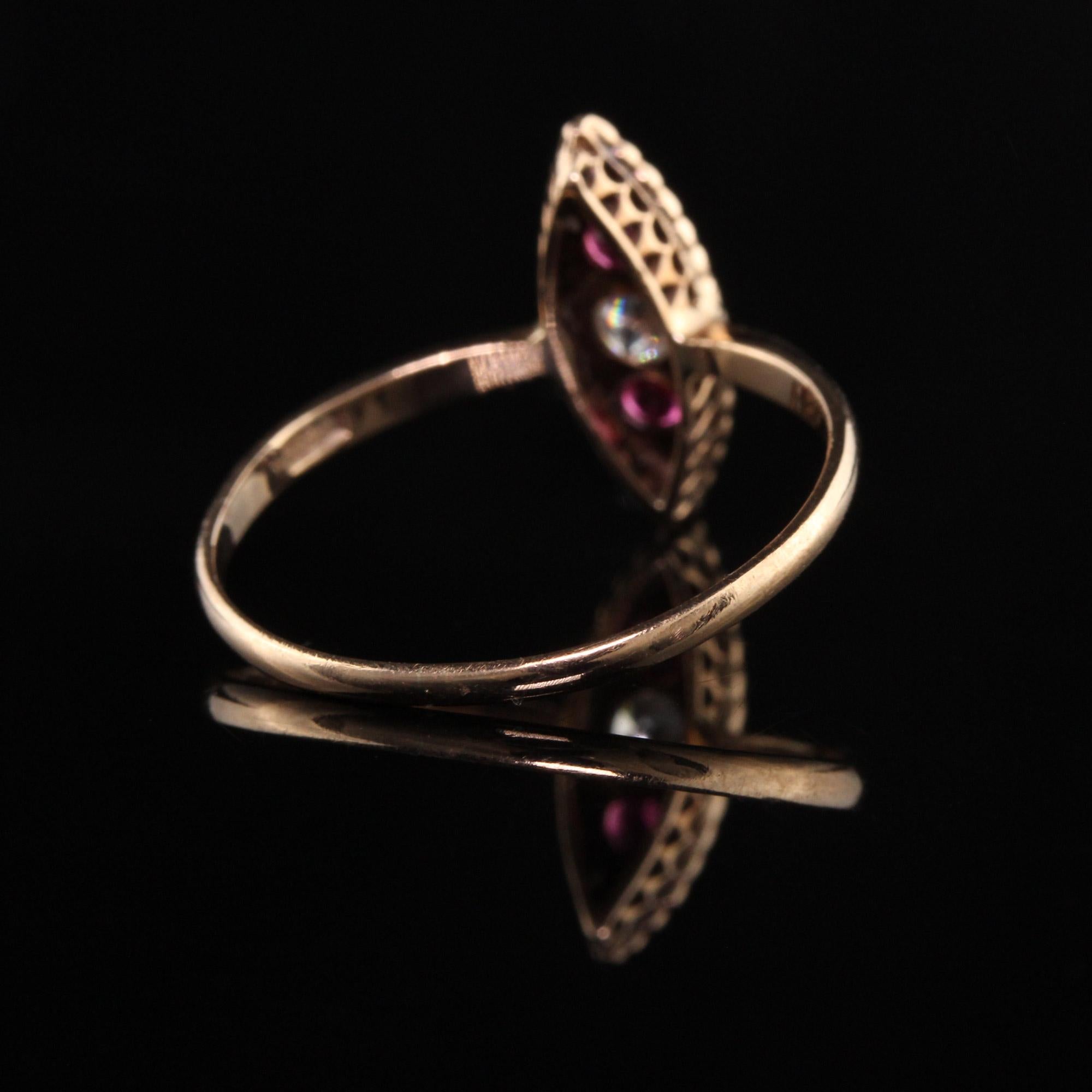Women's Antique Victorian 10K Rose Gold Diamond and Ruby Navette Ring For Sale