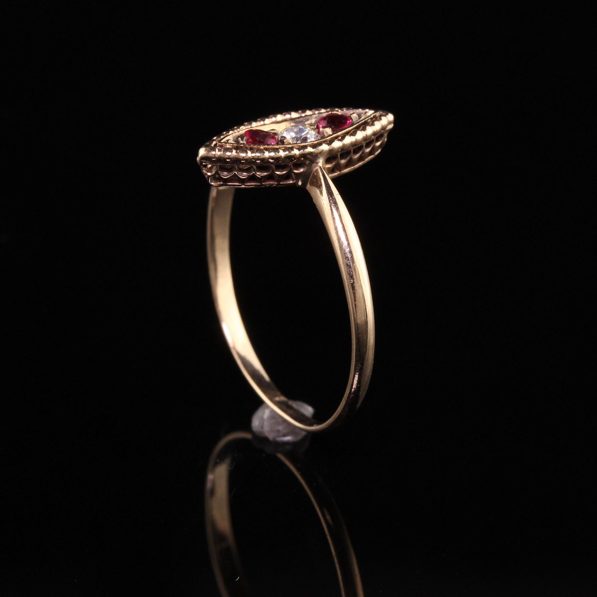 Antique Victorian 10K Rose Gold Diamond and Ruby Navette Ring For Sale 1