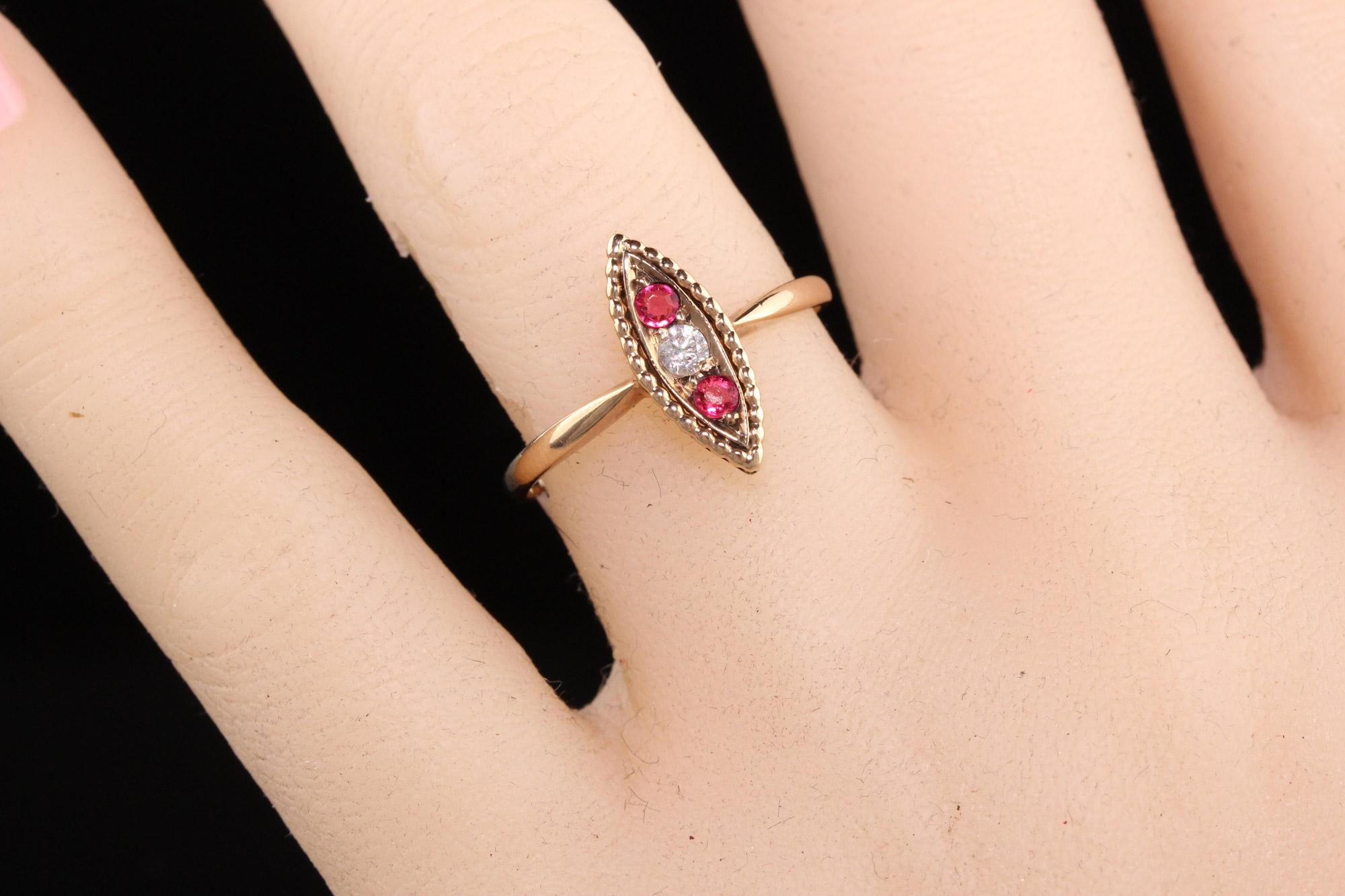 Antique Victorian 10K Rose Gold Diamond and Ruby Navette Ring For Sale 2