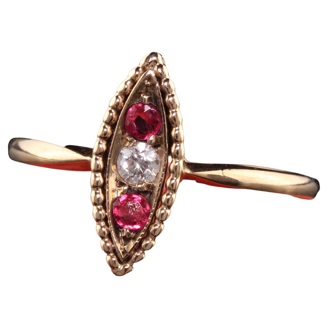 Antique Victorian 10K Rose Gold Diamond and Ruby Navette Ring For Sale