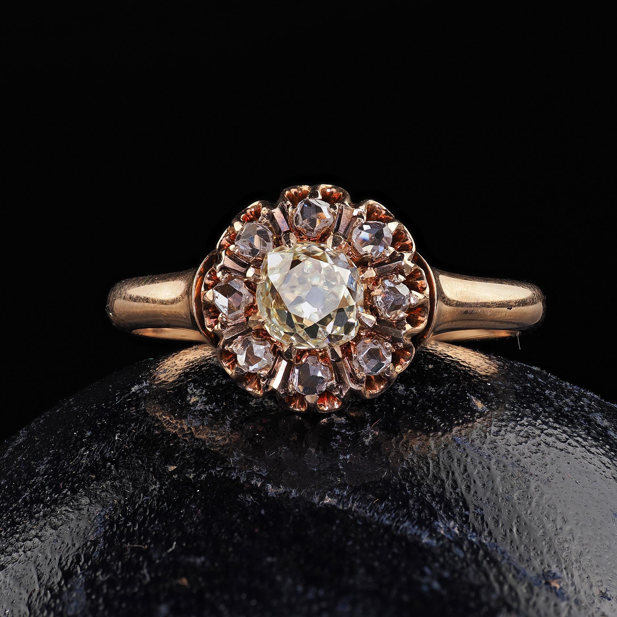 Beautiful Antique Victorian 10K Rose Gold Old Mine Diamond Cluster Engagement Ring - GIA. This incredible Victorian old mine diamond engagement ring is crafted in 10k rose gold. This gorgeous ring features a chunky old mine cut diamond in the center