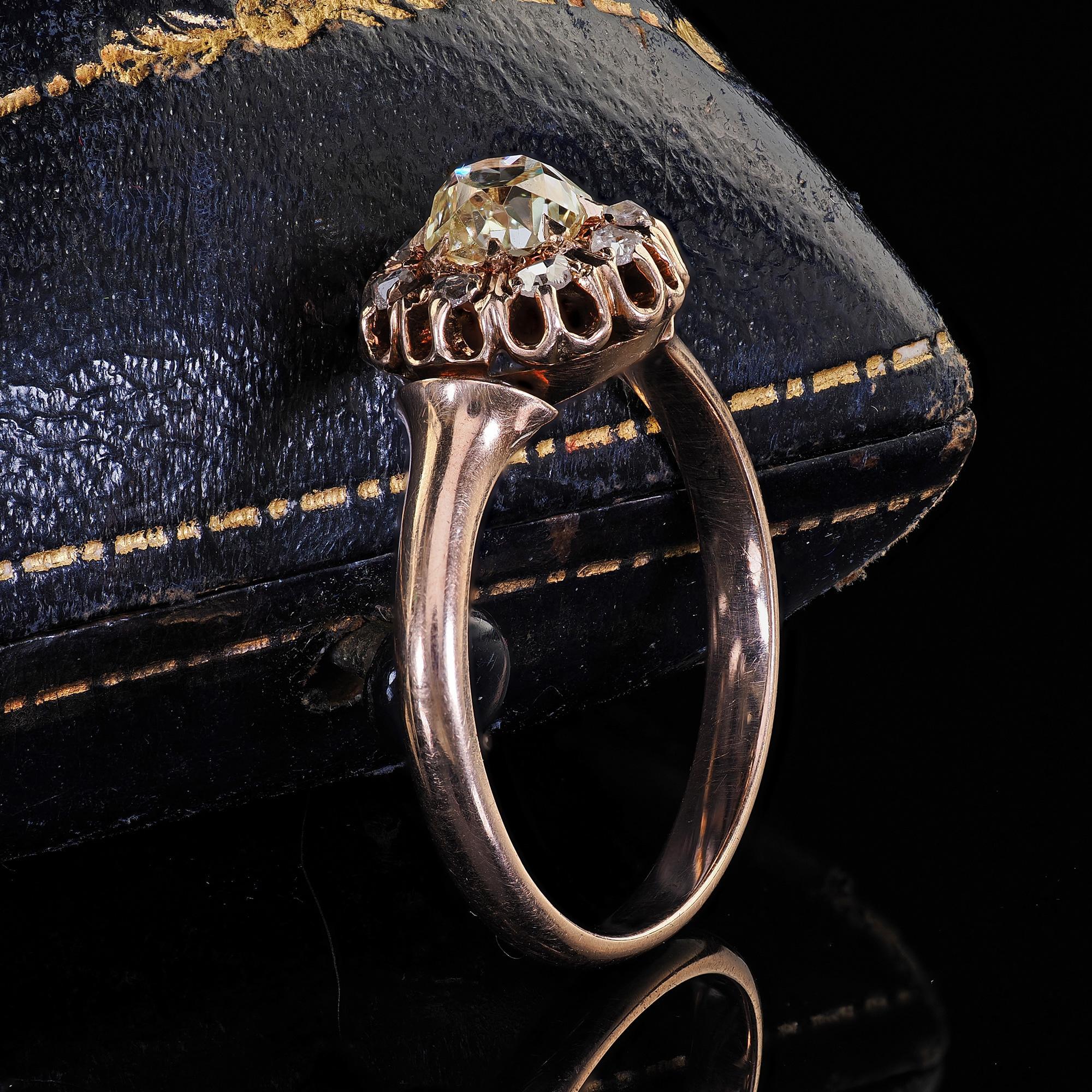 Old Mine Cut Antique Victorian 10K Rose Gold Old Mine Diamond Cluster Engagement Ring - GIA For Sale