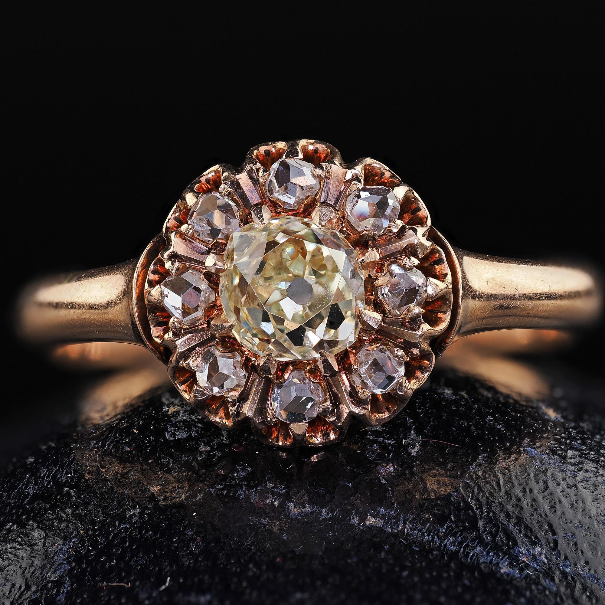 Antique Victorian 10K Rose Gold Old Mine Diamond Cluster Engagement Ring - GIA In Good Condition For Sale In Great Neck, NY