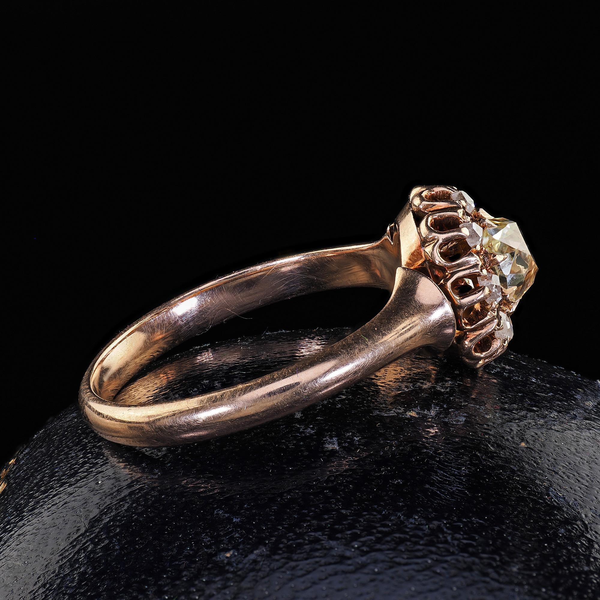Women's Antique Victorian 10K Rose Gold Old Mine Diamond Cluster Engagement Ring - GIA For Sale