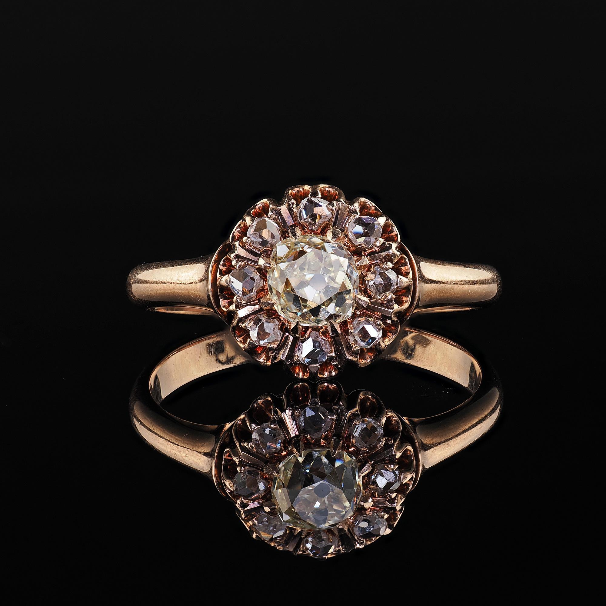 Antique Victorian 10K Rose Gold Old Mine Diamond Cluster Engagement Ring - GIA For Sale 2