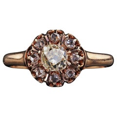 Bague de fiançailles victorienne ancienne en or rose 10 carats avec grappe de diamants ancienne mine - GIA
