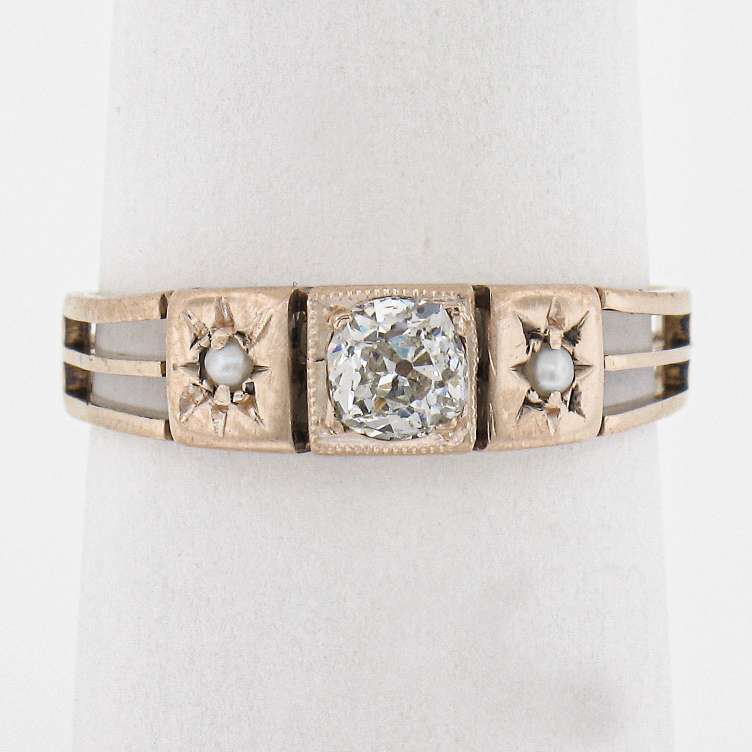 --Stone(s):--
(1) Natural Genuine Diamond - Old Cushion Mine Cut -Pave Set - I Color - SI2 Clarity
(2) Natural Cultured Seed Pearls - Round Shape - Star Pave Set - White Color 

Material: Solid 10k Rosy Yellow Gold
Weight: 1.91 Grams
Ring Size: 7.0