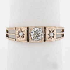 Antique Victorian 10k Rosy Gold Old Cushion Diamond & Seed Pearl Open Work Ring