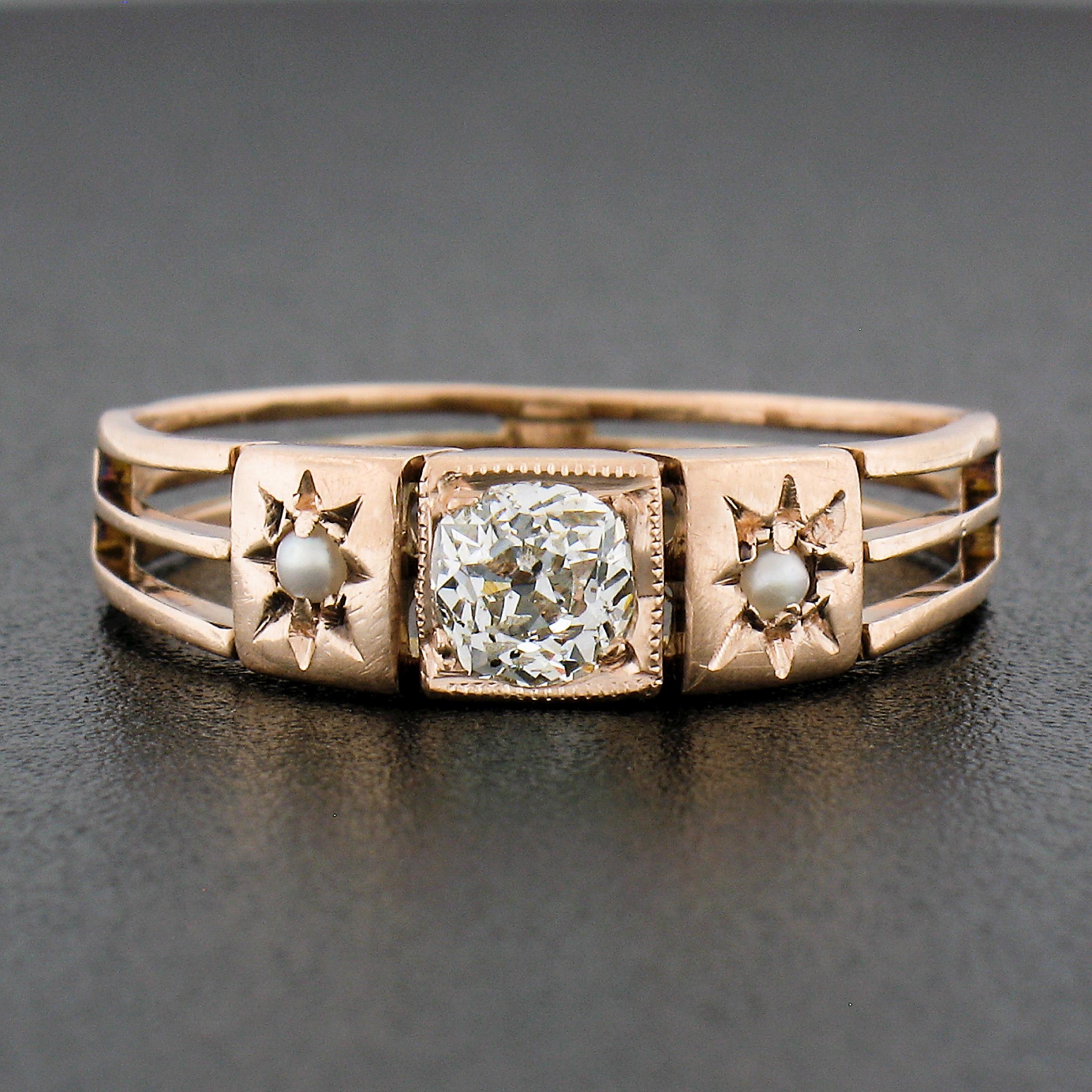 Cushion Cut Antique Victorian 10k Rosy Gold Old Cushion Diamond & Seed Pearl Open Work Ring For Sale
