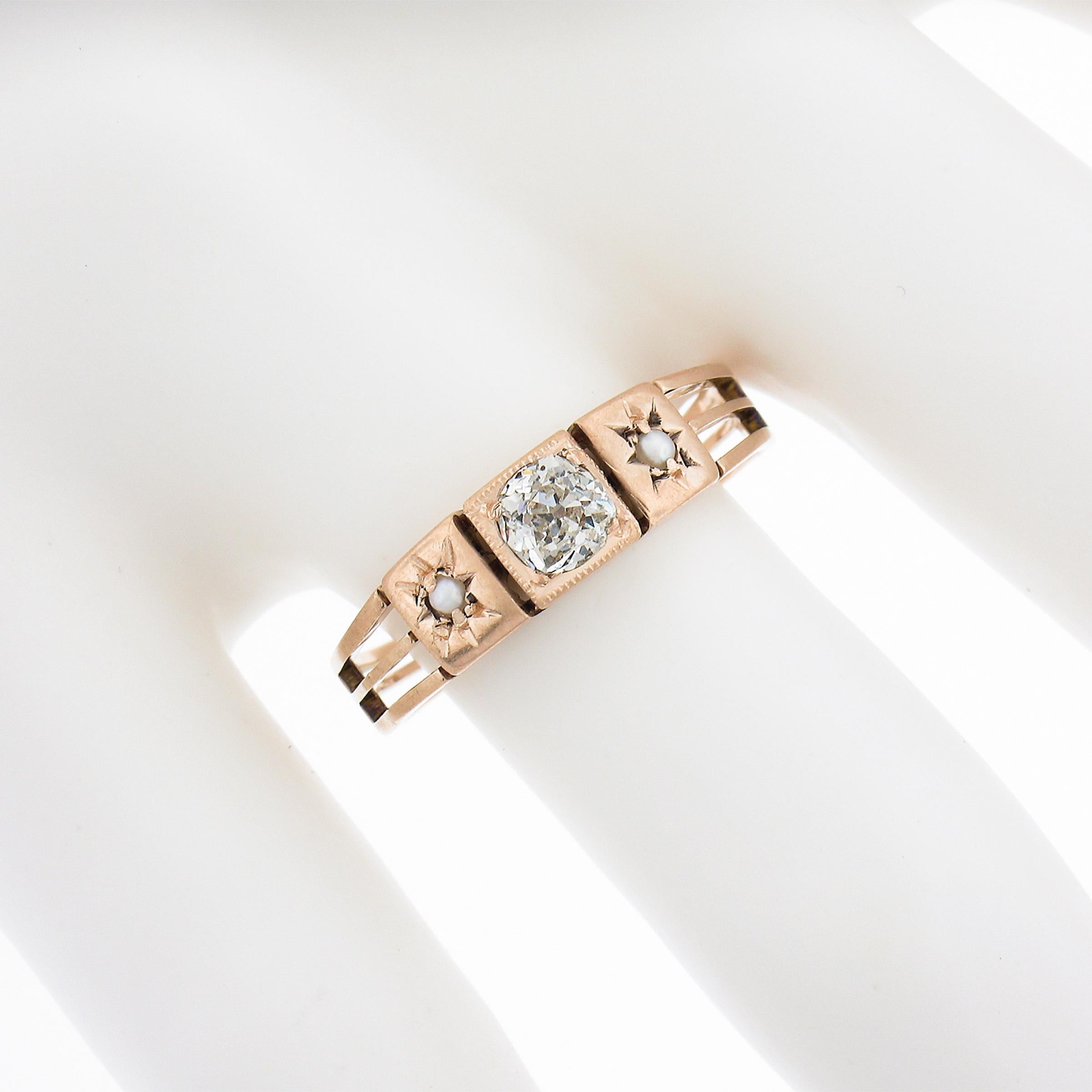 Antique Victorian 10k Rosy Gold Old Cushion Diamond & Seed Pearl Open Work Ring In Excellent Condition For Sale In Montclair, NJ