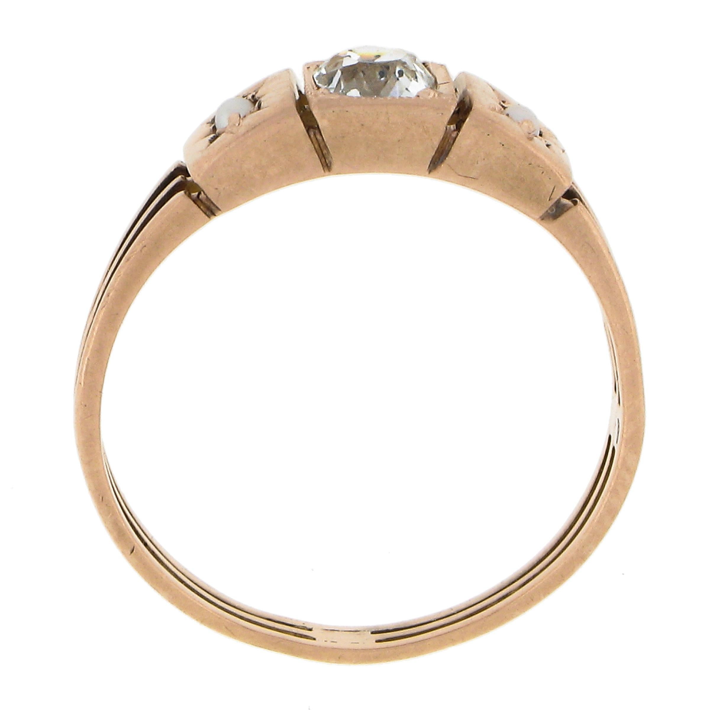 Antique Victorian 10k Rosy Gold Old Cushion Diamond & Seed Pearl Open Work Ring For Sale 3