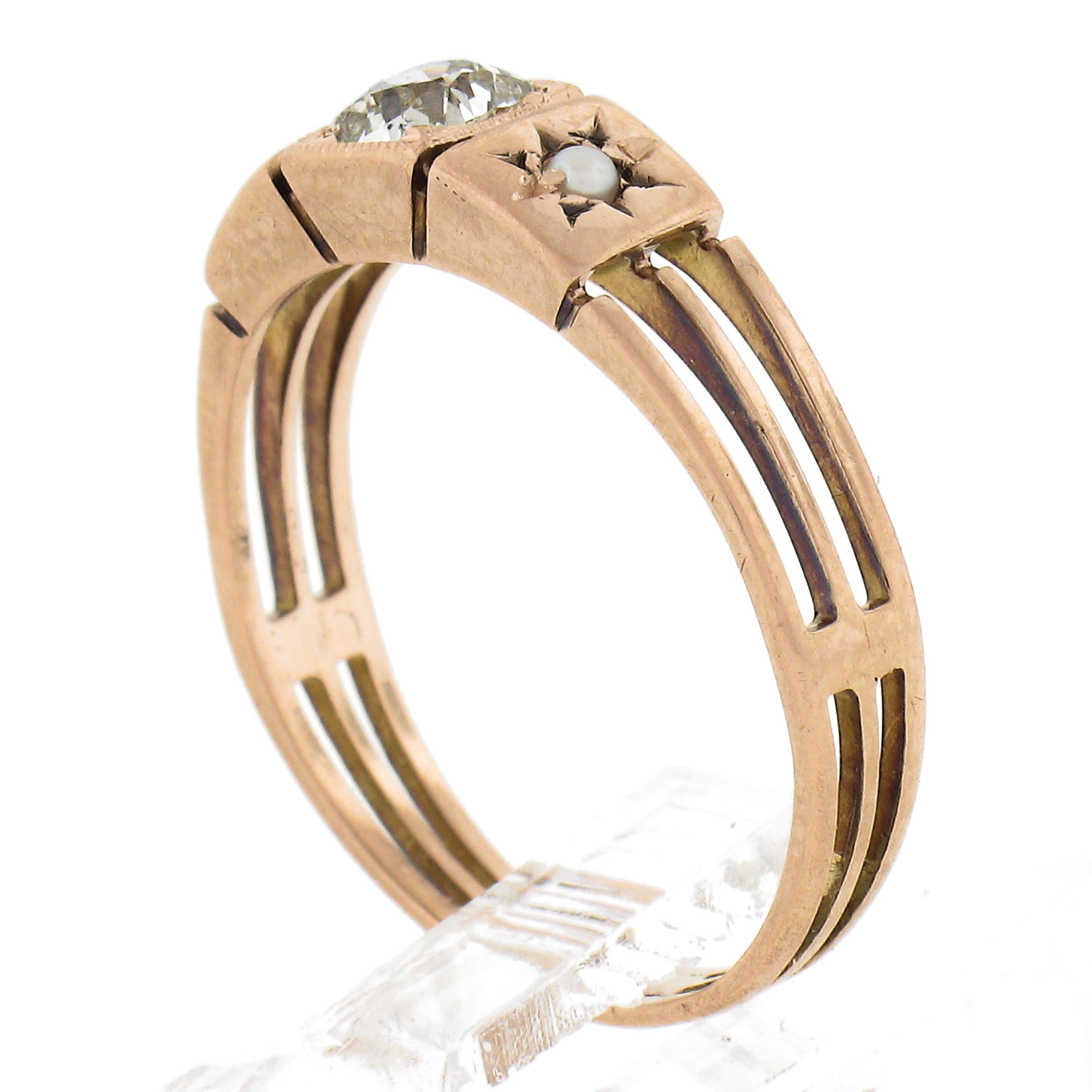 Antique Victorian 10k Rosy Gold Old Cushion Diamond & Seed Pearl Open Work Ring For Sale 4