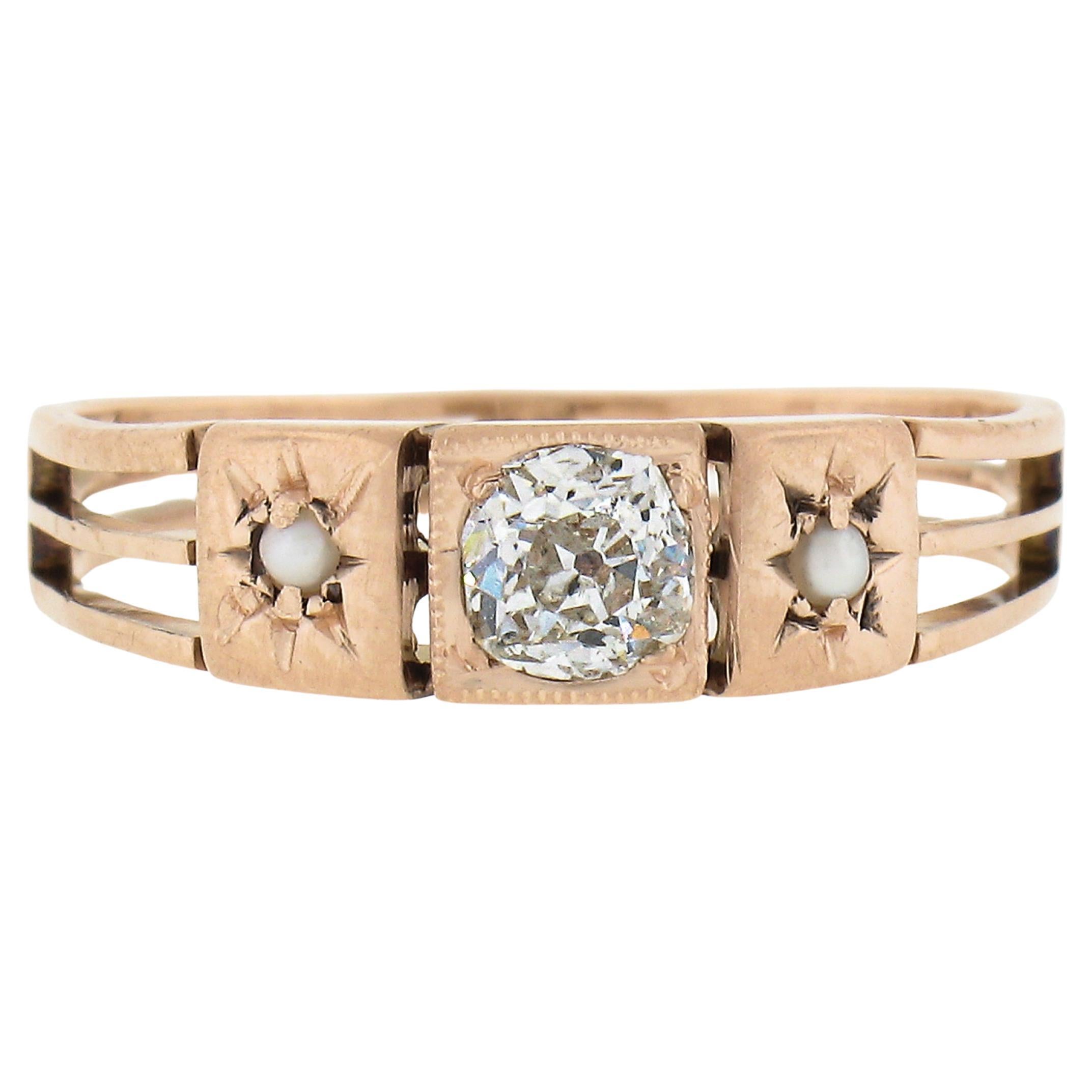 Antike viktorianische 10k Rosy Gold Old Cushion Diamond & Seed Pearl Open Work Ring im Angebot