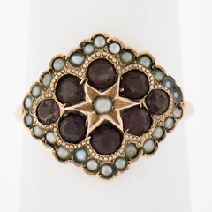 Antique Victorian 10k Rosy Yellow Gold Old Rhodolite Garnet & Seed Pearl Ring